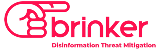 Logo of Brinker, featuring a red outline of a hand pointing to the right beside the lowercase word “brinker” in bold red letters, with the tagline “Disinformation Threat Mitigation” underneath.