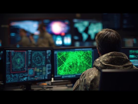 A man monitoring multiple digital surveillance screens in a modern military command centre