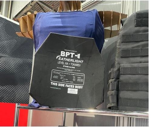 Feather-Light Level IIIA+ ballistic plate by BPT mounted on a blue mannequin and presented at Milipol Paris.