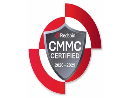 Badge de certification CMMC affichant “Redspin CMMC Certified 2026-2029”, entouré d’un design circulaire rouge et gris symbolisant la conformité en cybersécurité.