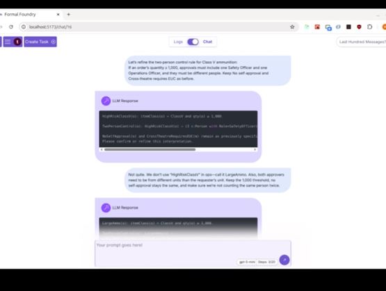 Interface d’application affichant une conversation avec des réponses générées par une intelligence artificielle, incluant des messages, des blocs de code et un champ de saisie pour les requêtes.
