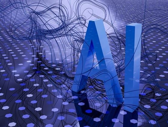 Large blue AI letters surrounded by flowing digital lines on a futuristic data-themed background.