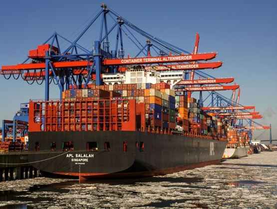 Porte-conteneurs à quai dans un port, sous de grandes grues et entouré de conteneurs.