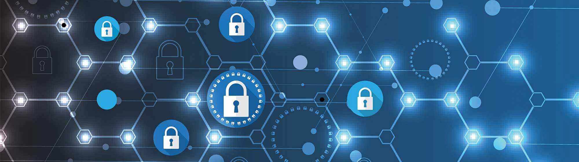 A visual of a blue padlock on a network
