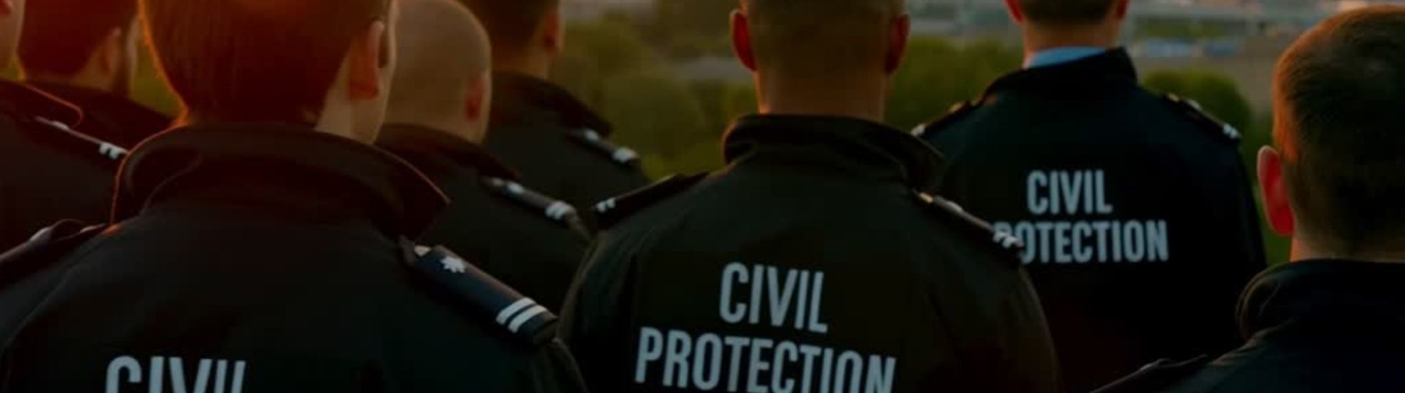 Groupe de membres de la Protection Civile observant le paysage au coucher du soleil, avec leurs vestes portant l'inscription "PROTECTION CIVILE".