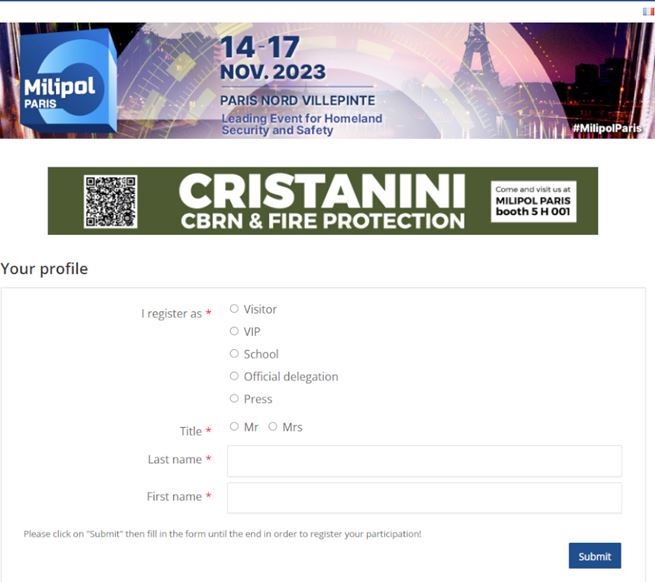 Visitor registration platform at Milipol Paris, allowing participants to sign up for the event.