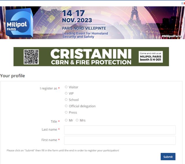 Visitor registration platform at Milipol Paris, allowing participants to sign up for the event.